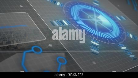 Displaying circular holographic radar over grid on dashboard, with city skyline and segmented rings Stock Photo