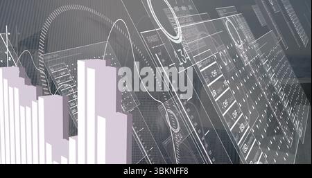 Displaying purple 3D bar chart cluster on left of dashboard, with floating line charts, copy space Stock Photo