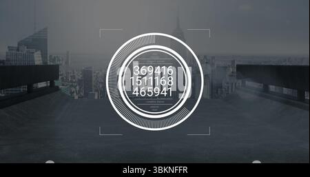 Displaying white circular HUD interface overlaying data rings on rooftop with skyline analysis Stock Photo