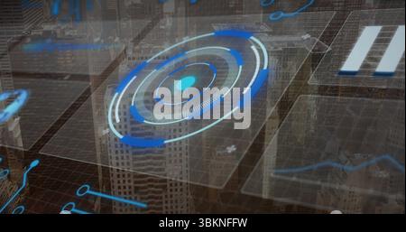 Displaying holographic circular interface floating above downtown skyline, showing wireframe grids Stock Photo
