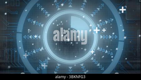 Displaying concentric ring interface radiating arrows and plus icons on screen grid, with circuits Stock Photo