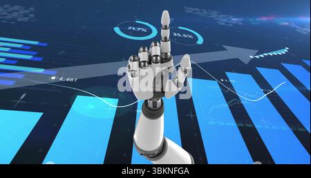 Reaching robotic hand interacting with virtual data display with bar charts arrow line graph Stock Photo