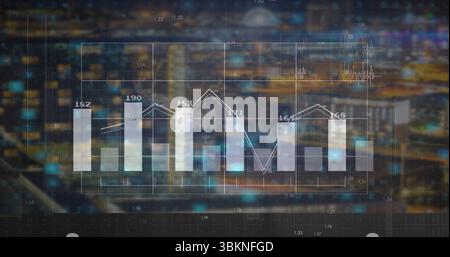 Displaying vertical bar chart over blurred city skyline, with numeric labels line graph grid lines Stock Photo