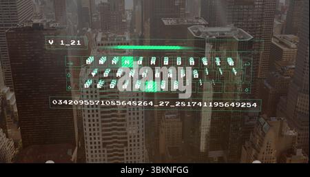 Floating green holographic keyboard with numeric code above downtown skyline, showing progress bar Stock Photo