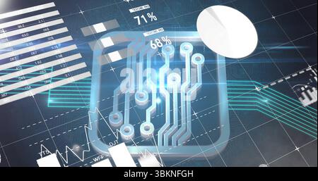 Displaying stylized microchip icon extending circuit traces on dark grid, with bar and pie charts Stock Photo