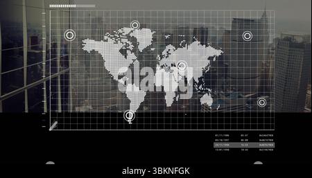 Displaying translucent world map overlay on office window, with location markers and data panel Stock Photo