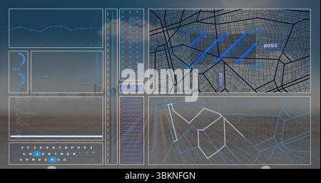 Displaying holographic interface showing line charts, route paths, readout 2093 at control room Stock Photo