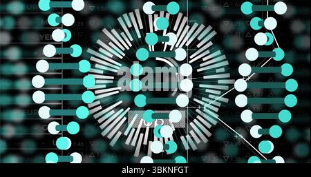 Displaying radial bars fanning outward on interface showing DNA helix, numeric data connector lines Stock Photo