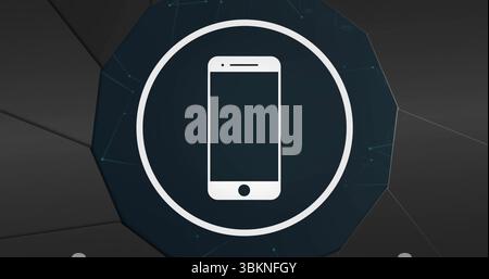 Displaying white smartphone icon inside outline on polygon backdrop, showing teal network nodes Stock Photo