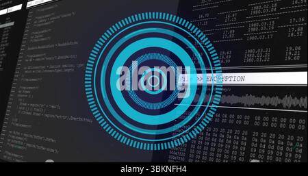 Displaying security interface at workstation, with encryption graphic, code and data panels Stock Photo