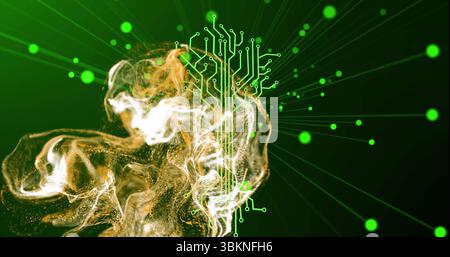 Swirling golden particle cloud merging with neon green circuitry in digital network, glowing nodes Stock Photo