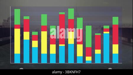 Showing stacked bar chart with grid lines and axes hovering on rooftop terrace, with city skyline Stock Photo