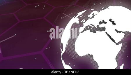 Spinning white globe showing continents in purple tech background, with grid, particles and streaks Stock Photo