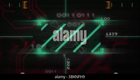 Glowing neon green bars framing hazard icon at heads-up display, with red traces and binary codes Stock Photo