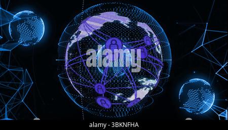 Rotating digital globe forming network links in cyberspace, with user icons and satellite spheres Stock Photo