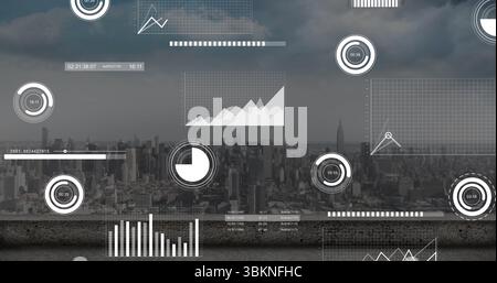 Displaying data interface showing charts, graphs and progress indicators over rooftop skyline Stock Photo