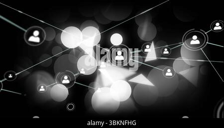 Showing avatar icons linking with lines in cyberspace, orbs, semi-transparent triangles and circles Stock Photo