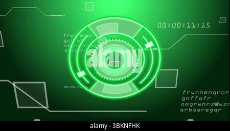 Displaying glowing green circular interface on control panel, with timecode, text strings and lines Stock Photo