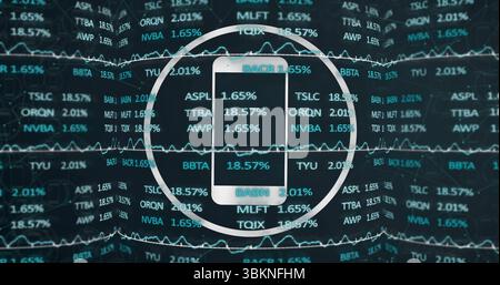 Floating smartphone displaying blank screen in glowing ring on dark background, with stock tickers Stock Photo