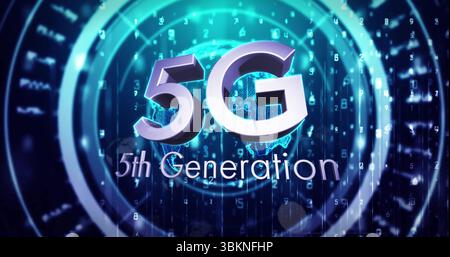 Displaying metallic 5G text showing data flow in network interface, with globe and binary digits Stock Photo