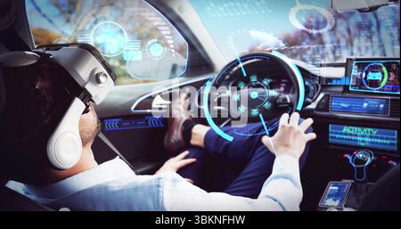 Navigating man wearing shirt VR headset and headphones inside autonomous car, with HUD projections Stock Photo