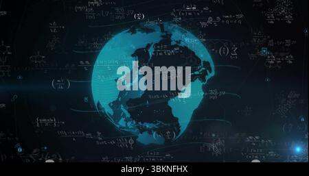 Showing holographic Earth globe floating in data system, with math, chemical and circuit diagrams Stock Photo