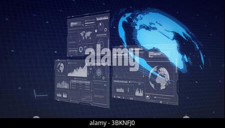 Displaying transparent data panels and rotating digital globe in grid space, with world maps Stock Photo