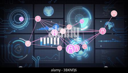 Displaying networked user silhouettes connecting across dashboard, with data charts, globe map, HUD Stock Photo