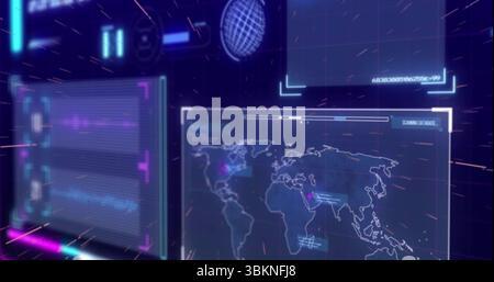 Floating world map panel displaying wireframe globe and SCANNING DATABASE text on HUD Stock Photo