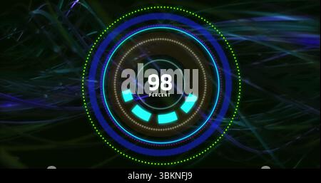 Showing circular progress ring reaching 98% on virtual interface, with rings and bars Stock Photo