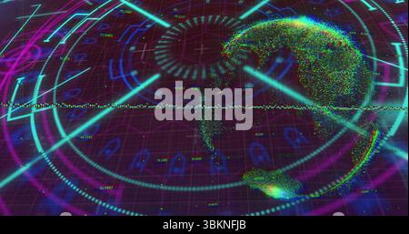 Rotating three-dimensional data globe in grid interface, with neon rings and labels, copy space Stock Photo