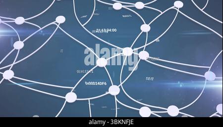 Displaying network with white circular nodes linked by lines in digital interface, floating codes Stock Photo