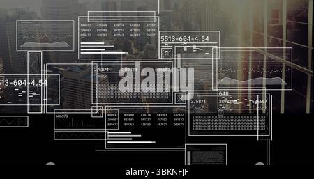Displaying translucent data panels overlaying high-rise office view with numeric tables and charts Stock Photo
