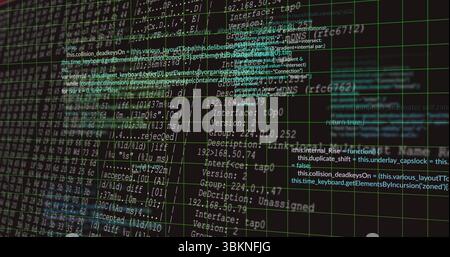 Displaying centered programming and network interface code block on screen, with green grid overlay Stock Photo