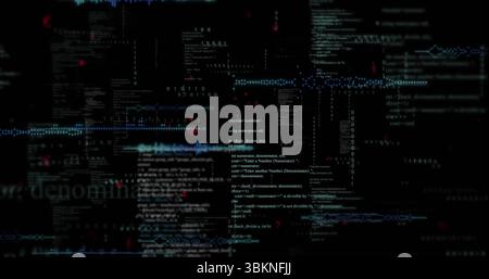 Computer screen displaying layered code snippets with binary sequences and ASCII waves Stock Photo
