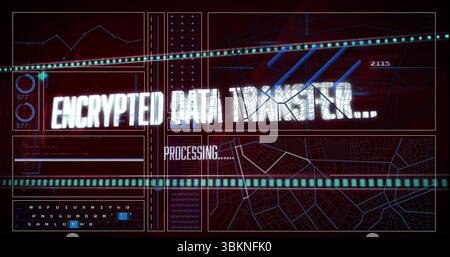 Displaying status text panel processing encrypted transfer on computer monitor, with progress bars Stock Photo