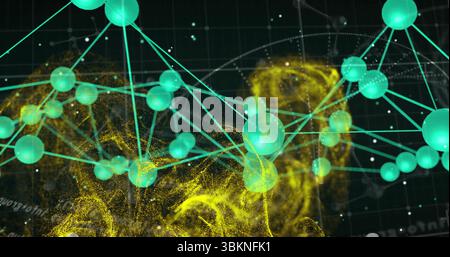 Displaying 3D network floating over dark grid, with glowing turquoise spheres and yellow clouds Stock Photo