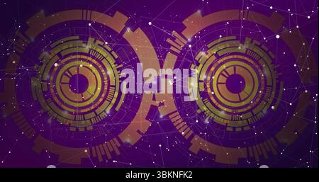 Two concentric HUD rings rotating in virtual interface, with bars, data blocks and network nodes Stock Photo