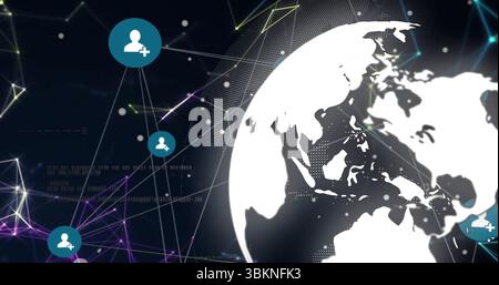 Displaying white stylized globe overlapping glowing mesh network, with teal node icons, copy space Stock Photo