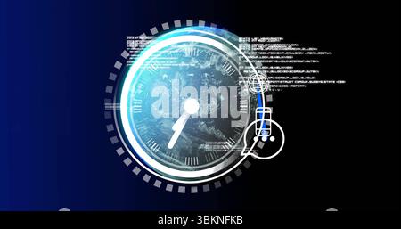 Displaying stylized Roman clock over Earth globe, with floating code and flask outline Stock Photo