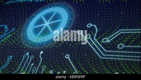 Glowing circular HUD element rotating on grid in digital space, with binary code and circuit traces Stock Photo