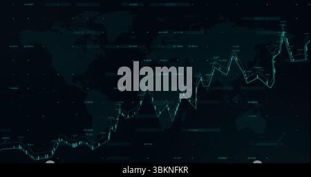Displaying turquoise line graph tracking global data trends on dashboard, with glowing data points Stock Photo