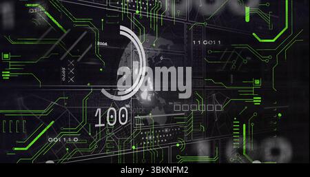 Displaying circular gauge reading 100 on screen over world map grid, with green circuit traces Stock Photo