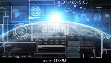 Displaying curved Earth horizon glowing with flare in high orbit, with HUD panels, numeric readouts Stock Photo