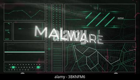 Displaying glitchy MALWARE text on digital security dashboard, with line chart and network map Stock Photo