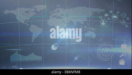 Projecting dotted world map interface in starry space, showing pie chart, network nodes, lens flare Stock Photo