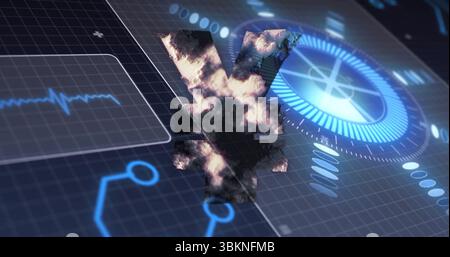 Displaying stylized yuan symbol swirling in digital interface, with blue waveform and radial gauge Stock Photo