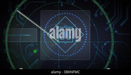 Displaying central target reticle rotating on digital console screen, with green sweep beam overlay Stock Photo