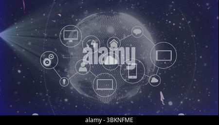 Displaying technology icons forming network around central dotted globe in starfield, with rocket Stock Photo