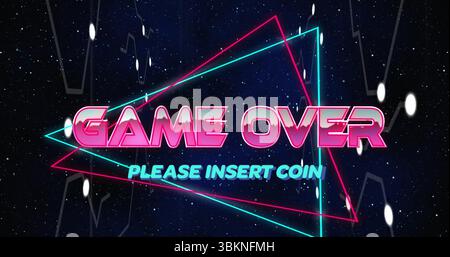 Displaying neon GAME OVER glowing against starry cosmic backdrop, featuring pink and cyan triangles Stock Photo